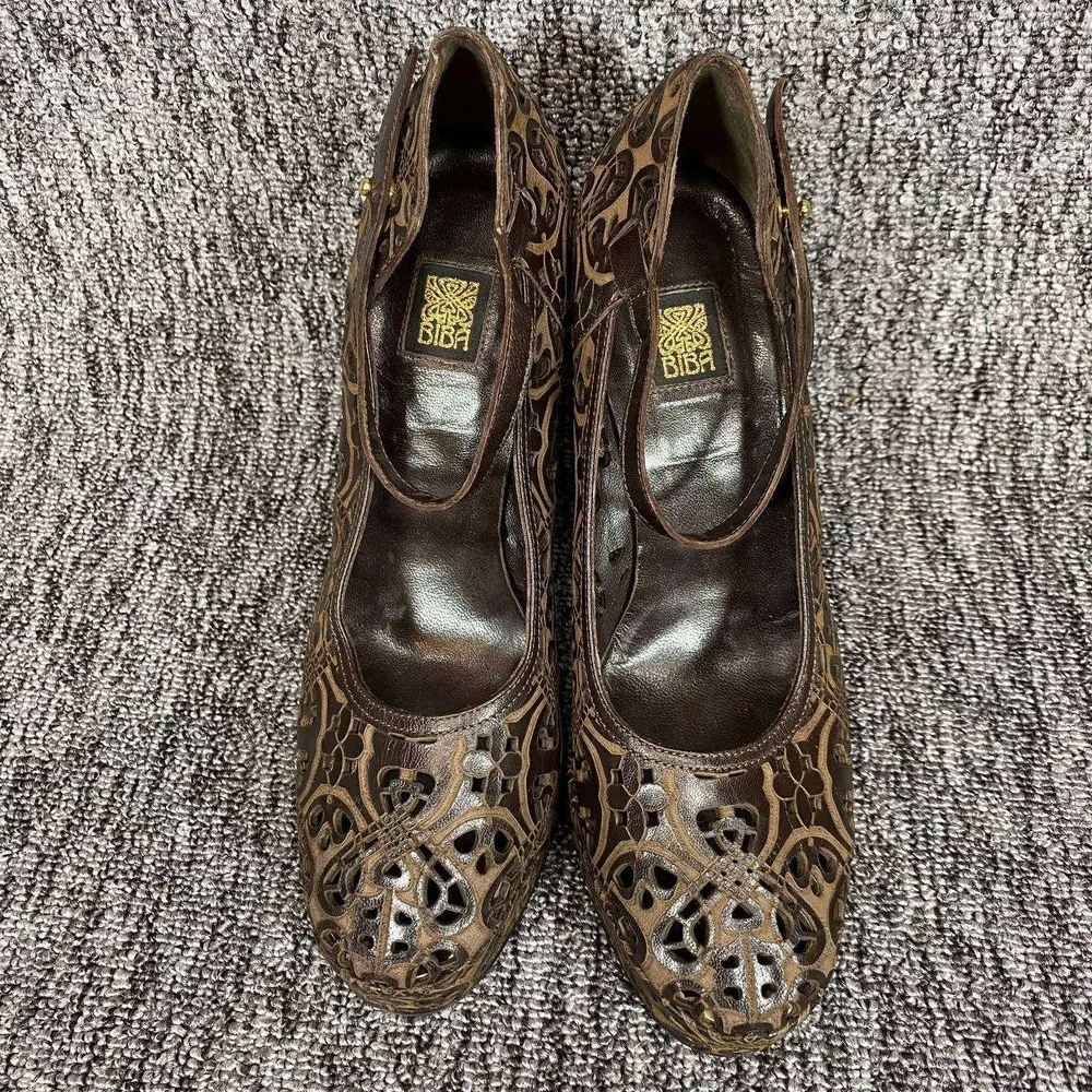 VTG 90s BIBA Italy Deco Laser Cut Out Leather Platform Mary Jane Heels Women 7.5
